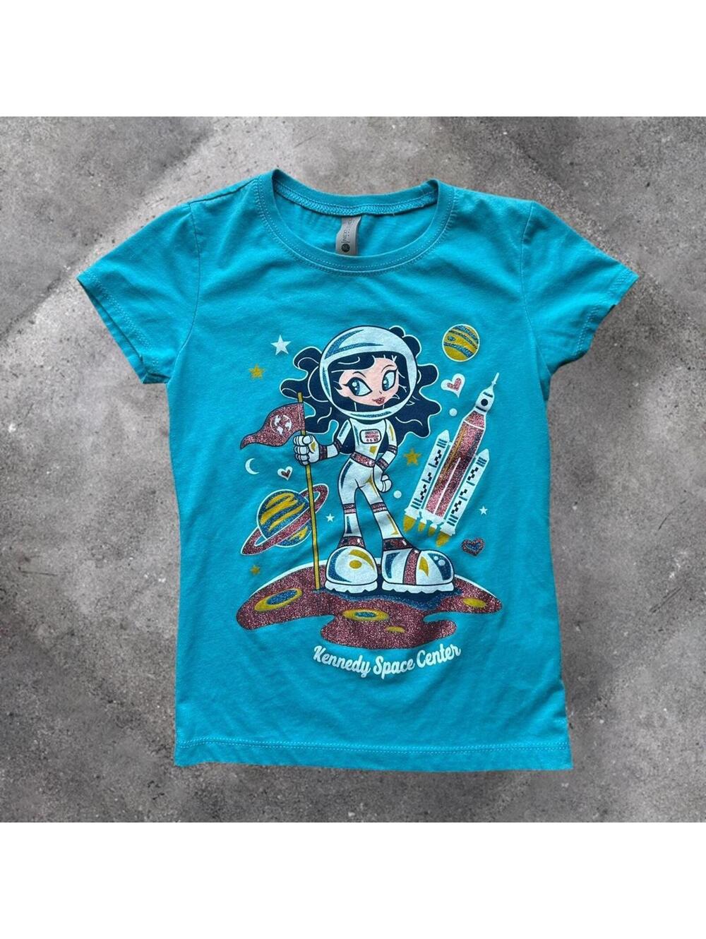 Y2K blue glitter Kennedy space center graphic baby tee, XS / XXS